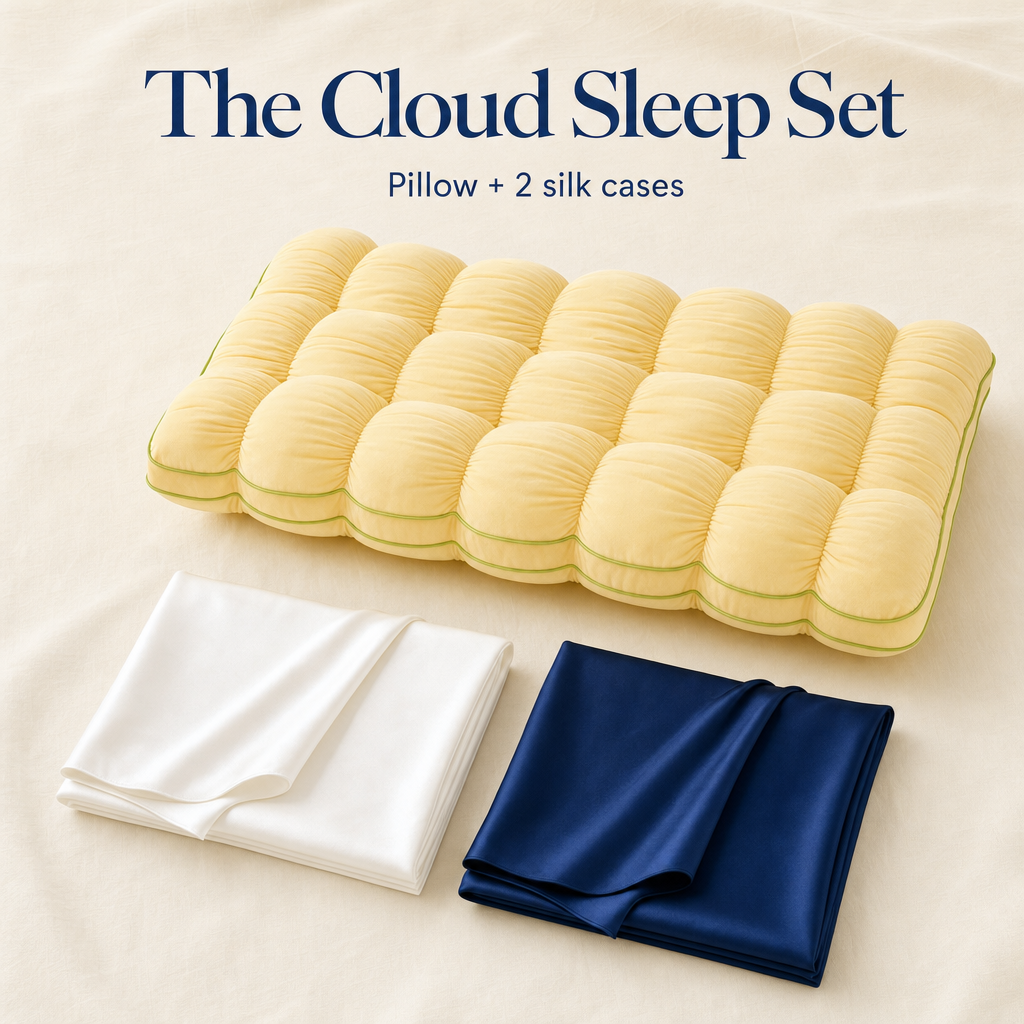 The Pineapple Cloud and Mulberry Silk bundle — flatlay of the pillow with white and navy silk pillowcases