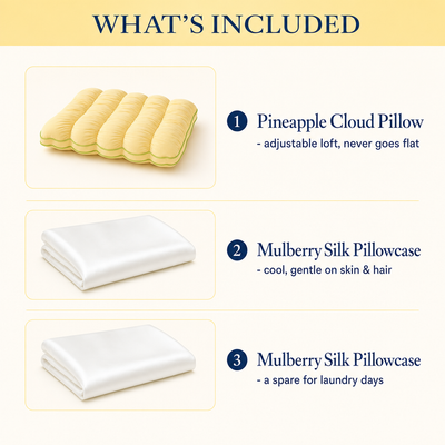 What's included in the bundle — one Pineapple Cloud Pillow and two Mulberry Silk pillowcases