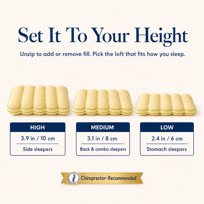 Loft height guide — set your Pineapple Cloud Pillow to High, Medium, or Low to match your sleeping height