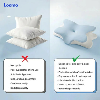 Comparison of traditional white pillows causing neck pain and ergonomic blue contour pillows designed for side, belly, and back sleepers