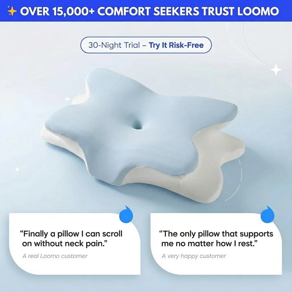 Blue and white ergonomic pillow with neck support and 30-night risk-free trial, trusted by 15,000+ users