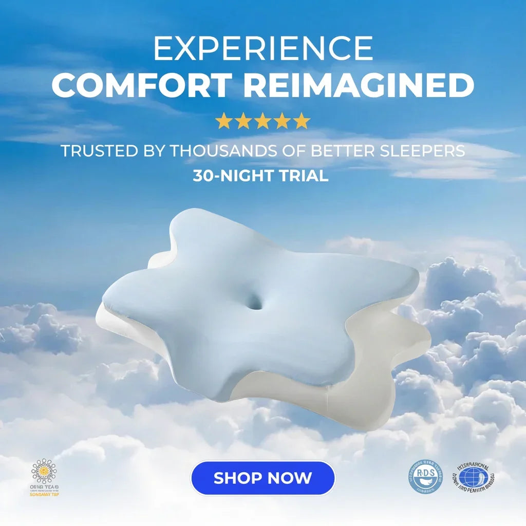 Star-shaped ergonomic pillow floating above clouds with comfort reimagined text and 30-night trial
