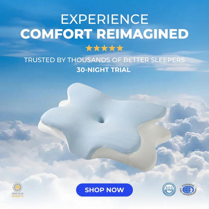 Star-shaped ergonomic pillow floating above clouds with comfort reimagined text and 30-night trial