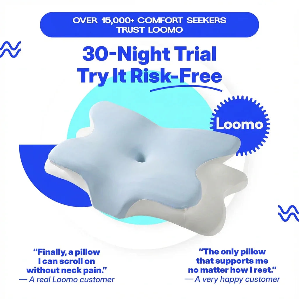 Loomo ergonomic pillow in blue and white with 30-night risk-free trial and customer testimonials