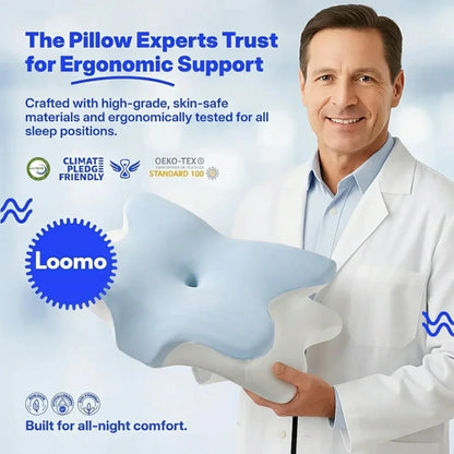 Doctor in white coat holding ergonomic pillow designed for all-night comfort and skin-safe materials
