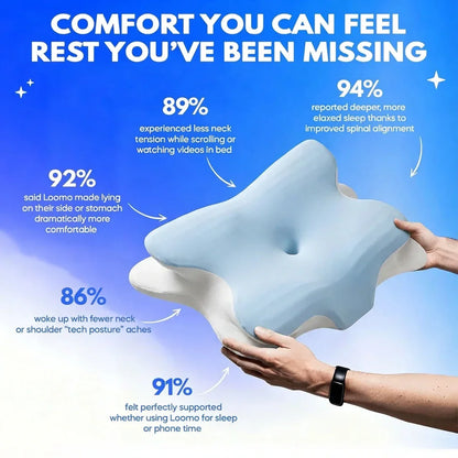 Hands holding a blue and white ergonomic pillow with sleep comfort and support statistics on a blue background