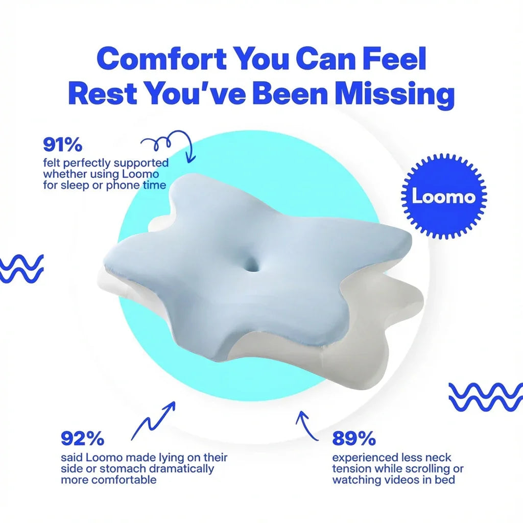 Loomo ergonomic pillow with unique star shape, promoting comfort and neck support for better sleep and phone use