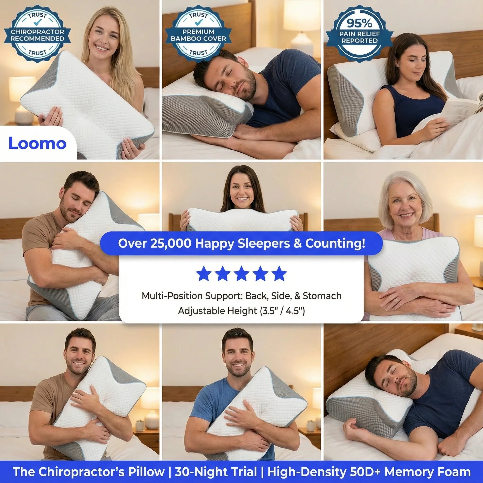 People using Loomo chiropractor recommended pillow with premium bamboo cover for neck pain relief