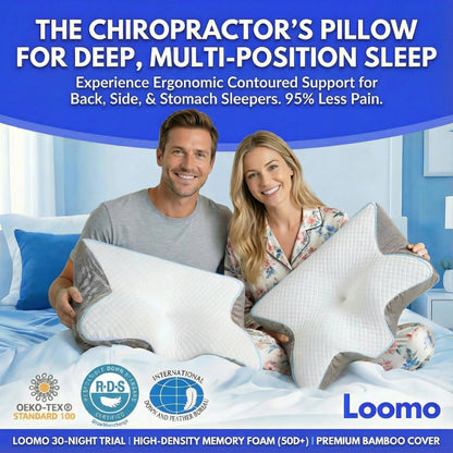 Smiling couple holding ergonomic white memory foam chiropractor's pillows with bamboo covers on bed