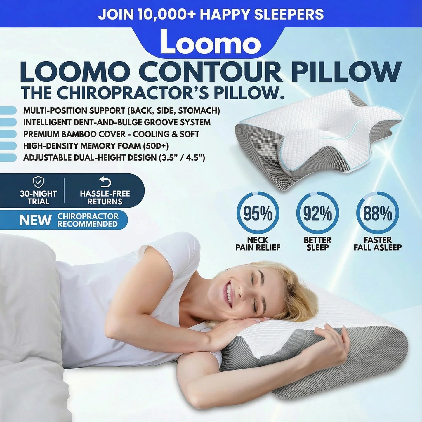 Loomo Contour Pillow with ergonomic design for neck pain relief and better sleep, shown with a smiling woman sleeping