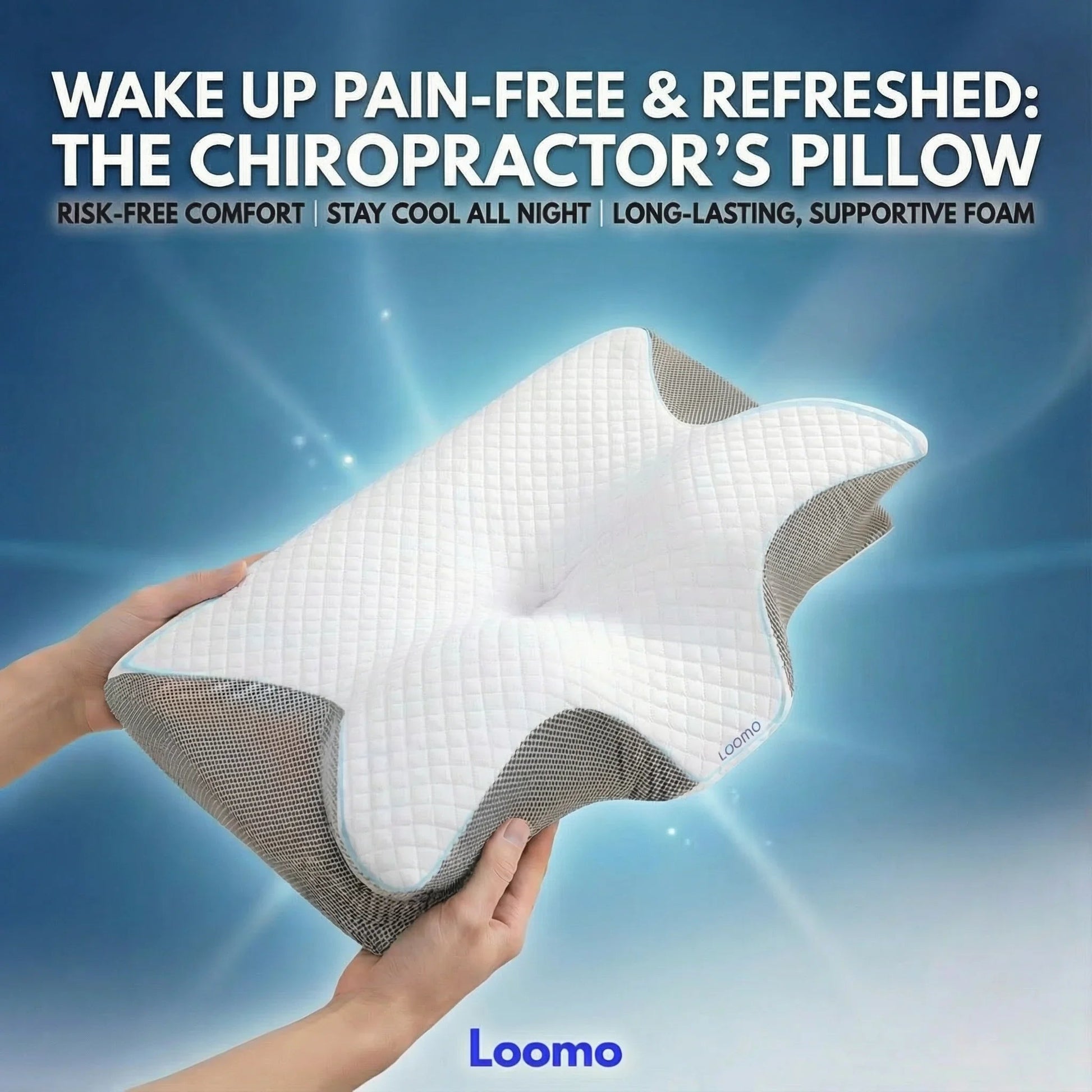 Hands holding Loomo ergonomic chiropractor's pillow with white quilted cover and ventilation mesh for neck pain relief