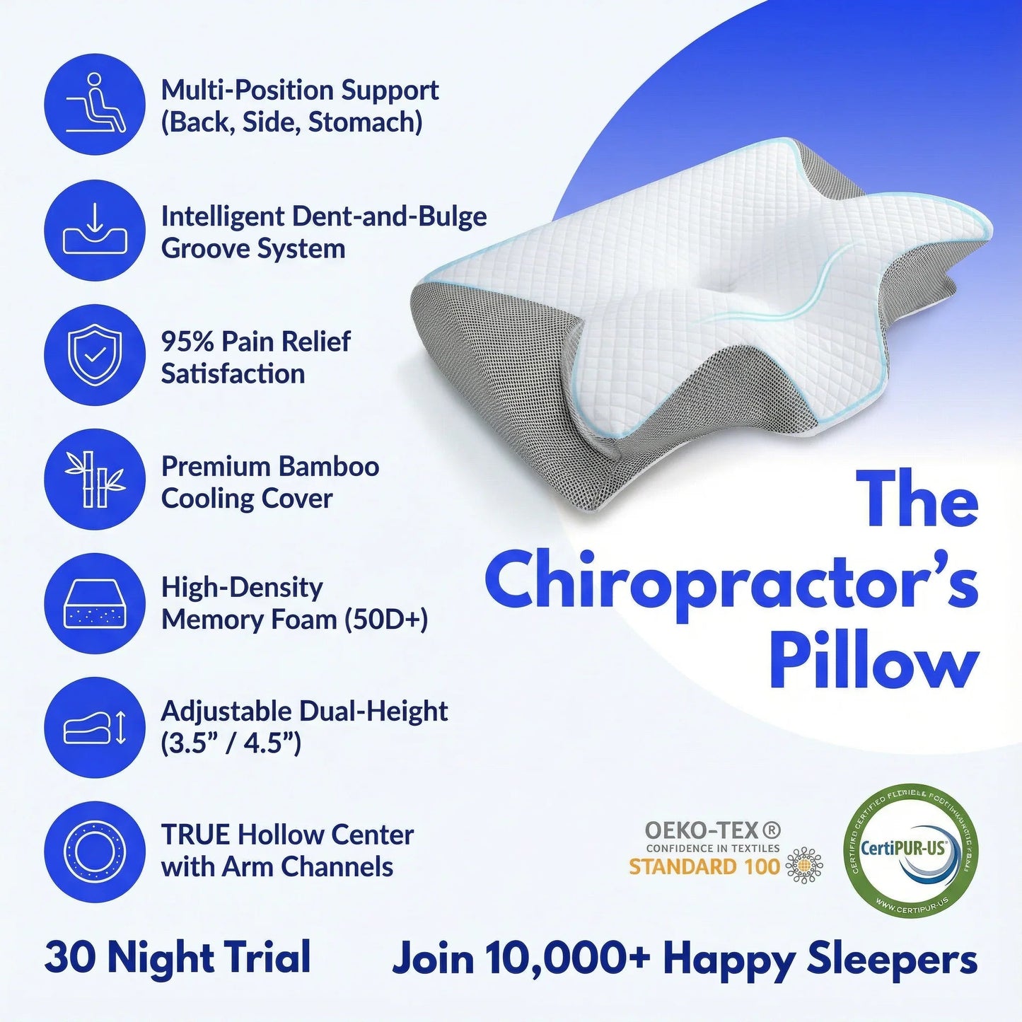 The Chiropractor's Pillow with multi-position support, memory foam, bamboo cooling cover, and adjustable height