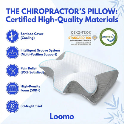Loomo chiropractor's pillow with bamboo cooling cover, multi-position support, high-density foam, and pain relief features