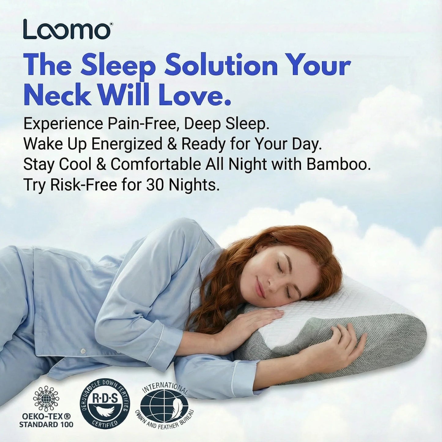 Woman sleeping peacefully on ergonomic bamboo pillow for neck pain relief in blue pajamas