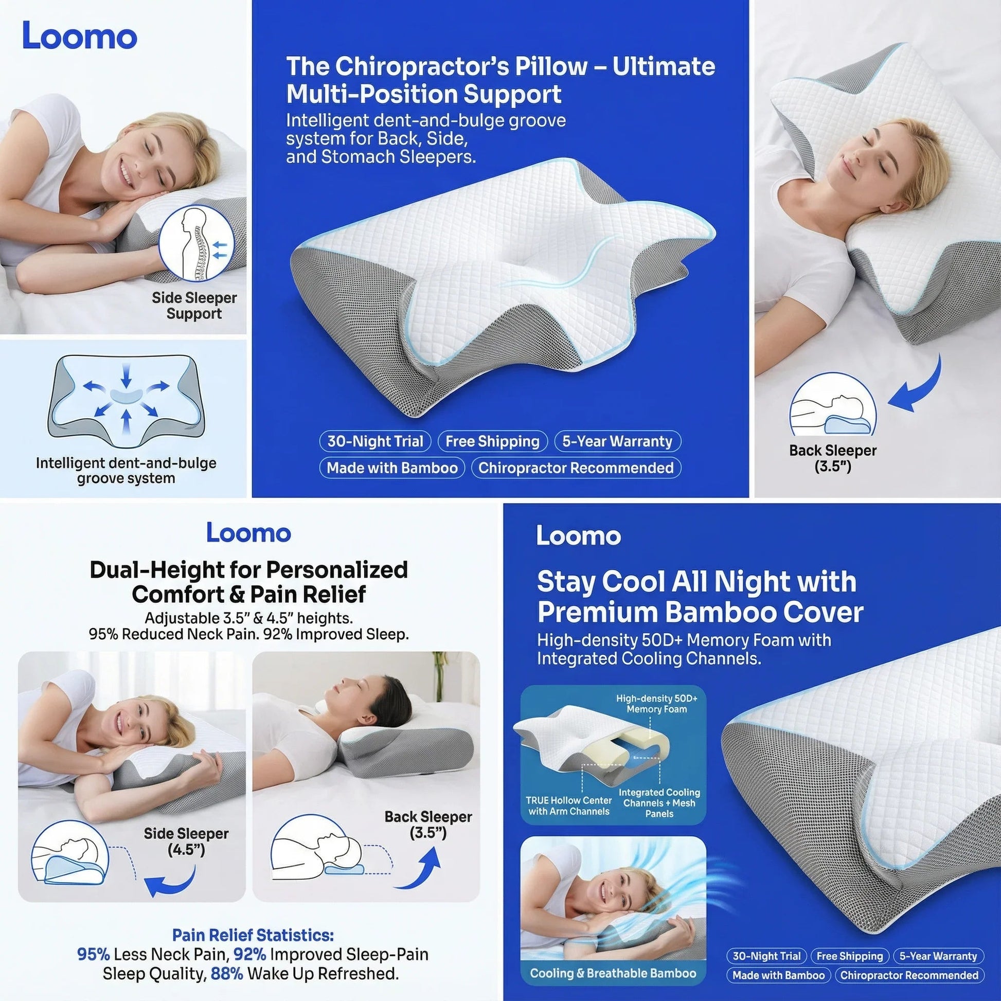 Ergonomic chiropractor pillow with bamboo cover, multi-position support for side and back sleepers, cooling memory foam
