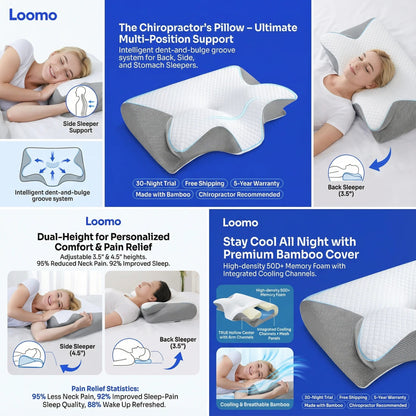 Ergonomic chiropractor pillow with bamboo cover, multi-position support for side and back sleepers, cooling memory foam