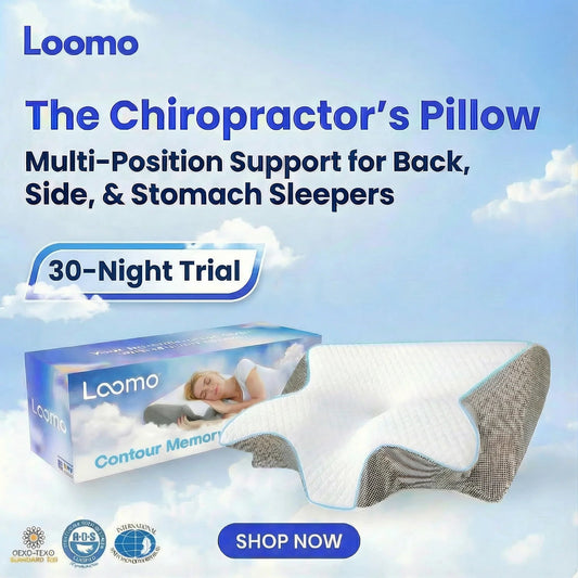 Loomo Chiropractor's Pillow with contour memory foam for multi-position support, back, side, stomach sleepers