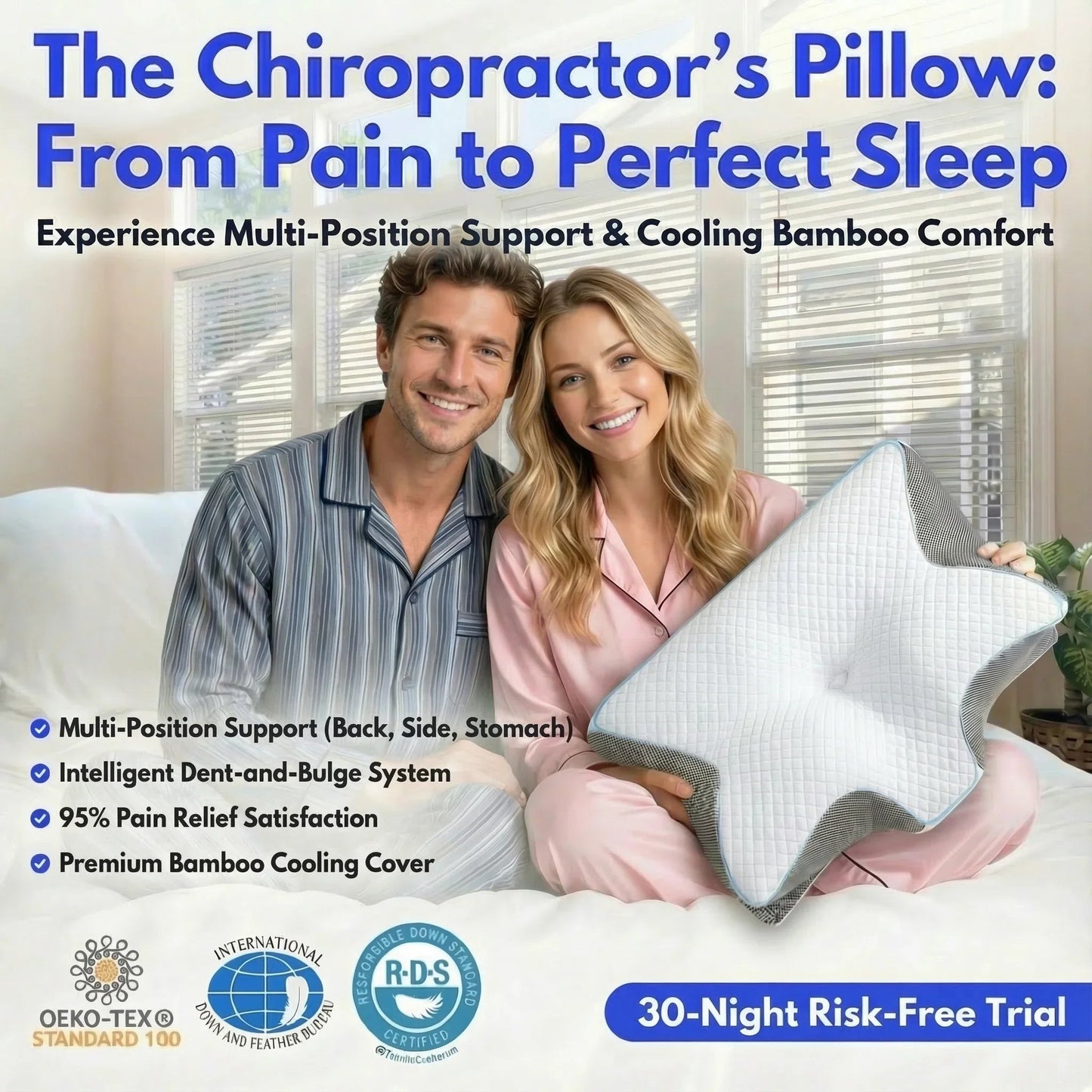Smiling couple in pajamas holding a chiropractor's pillow for neck pain relief with multi-position support