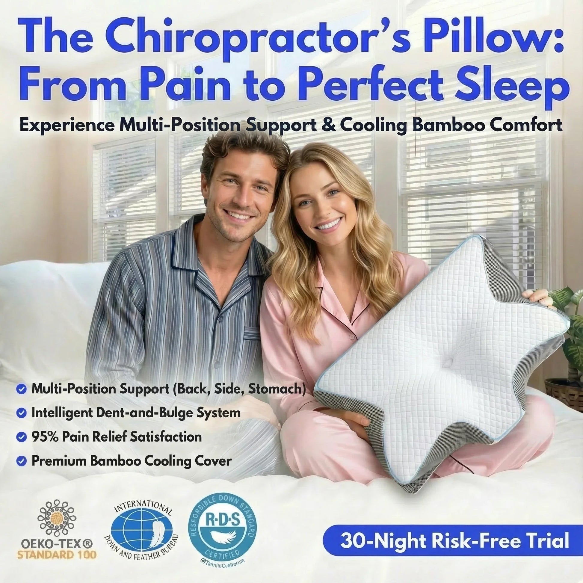Smiling couple in pajamas holding a chiropractor's pillow for neck pain relief with multi-position support