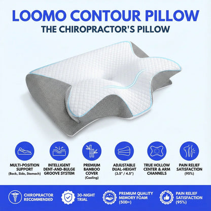 Loomo contour neck pillow with multi-position support and bamboo cover for pain relief