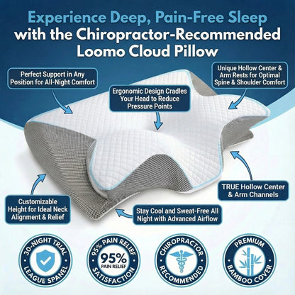 Loomo Cloud Pillow with ergonomic design, hollow center, arm rests, breathable bamboo cover for neck pain relief