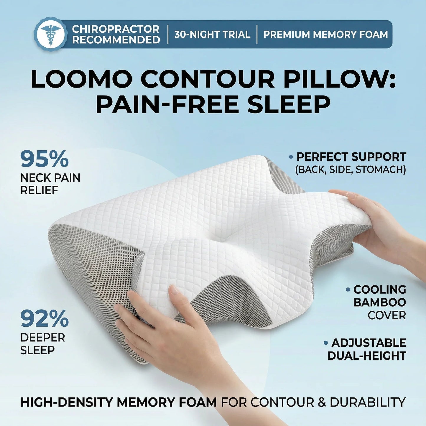 Hands holding a white and gray Loomo contour pillow with cooling bamboo cover for neck pain relief and deeper sleep