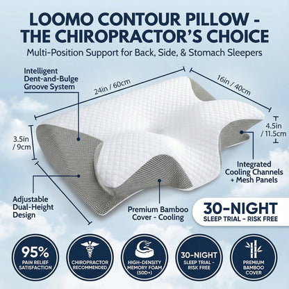 Loomo contour pillow with cooling bamboo cover and mesh panels, adjustable height for neck pain relief